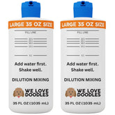 We Love Doodles dilution bottle label reading for precise ratios during grooming