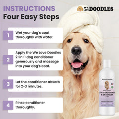 We Love Doodles dog coat after conditioner detangles knots and reduces frizz for curly fur.