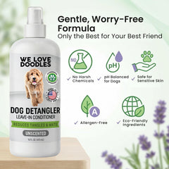 We Love Doodles detangler spray in hands for quick detangling application