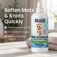 We Love Doodles Detangler Spray applied by hands for quick brushing.