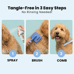 We Love Doodles detangler spray bottle assisting brush glide through coat