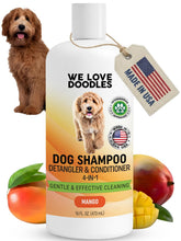 We Love Doodles mango dog shampoo bottle shown, gentle cleansing for sensitive skin