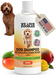 We Love Doodles mango dog shampoo bottle shown, gentle cleansing for sensitive skin