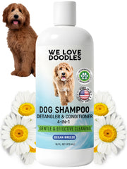 We Love Doodles Ocean Breeze bottle front, 4-in-1 shampoo for doodles.