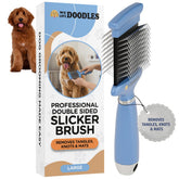We Love Doodles double-sided slicker brush for dogs, front view, tackling mats and tangles.