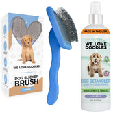We Love Doodles large slicker brush on a long-haired dog's coat, grooming smoothly.
