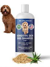 We Love Doodles premium 3-in-1 shampoo bottle shows gentle care for itchy skin.