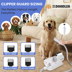 We Love Doodles quiet grooming vacuum operates under 60 dB for calm sessions.