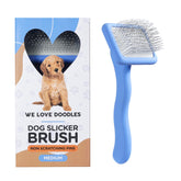 We Love Doodles slicker brush with coated pins for gentle detangling on all coat types.