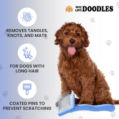 We Love Doodles slicker brush ideal for dense coats, quick dematting and shine.