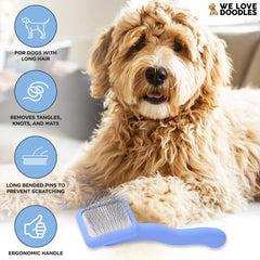 We Love Doodles slicker brush ergonomic handle for comfortable grooming sessions.