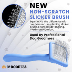 We Love Doodles slicker brush ergonomic handle for comfortable, precise grooming sessions.