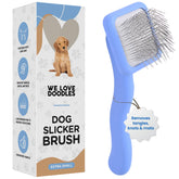 We Love Doodles slicker brush with long-pin bristles detangles dense coats.