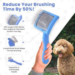 We Love Doodles slicker brush long pins β gentle deep brushing for thick doodle coats.