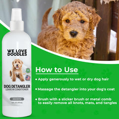 We Love Doodles tangle remover applied to dog coat for smoother fur