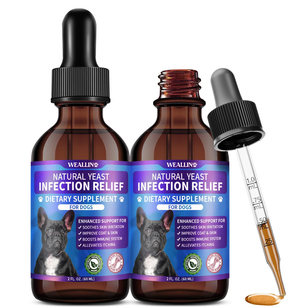 WEALLIN bacon-flavored drops bottle supporting gentle yeast balance in dogs.