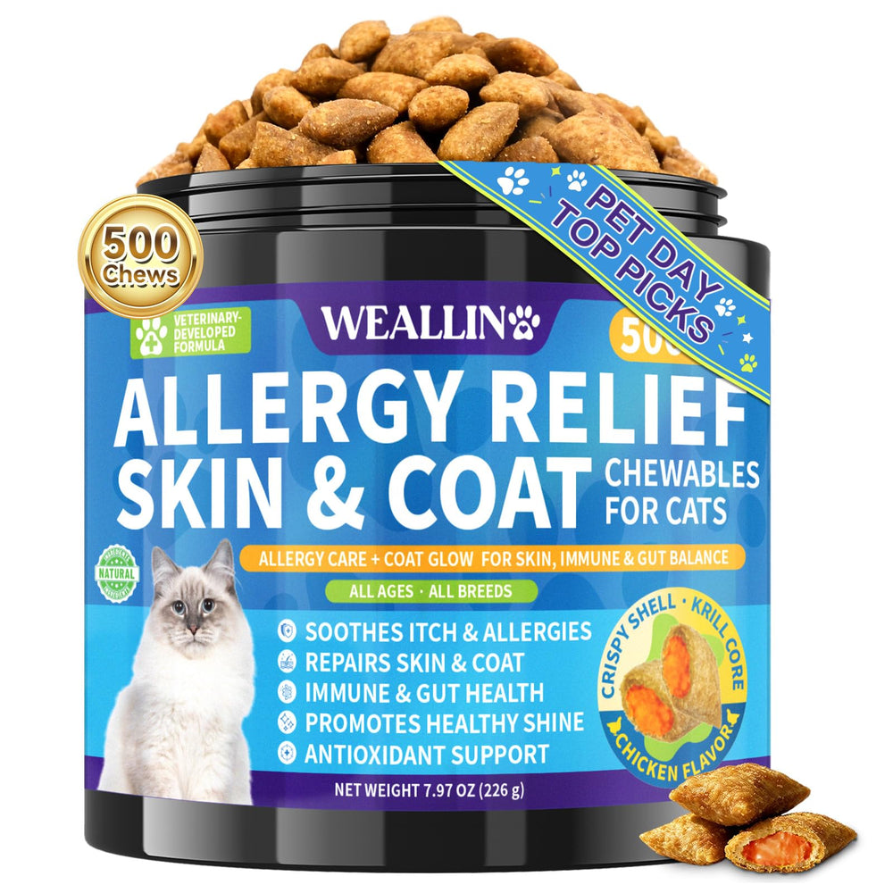 WEALLIN cat allergy relief chews bottle shows a tasty treat that supports coat health