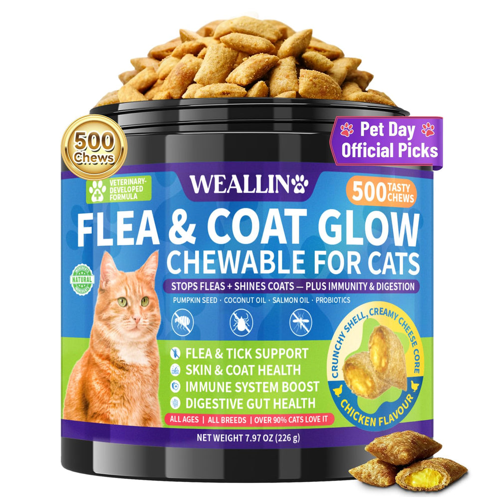 WEALLIN cat chews bottle shows convenient daily flea prevention for cats.
