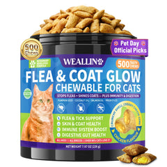 WEALLIN cat chews bottle shows convenient daily flea prevention for cats.