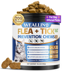 WEALLIN cat flea tick chews bottle showing easy monthly protection.