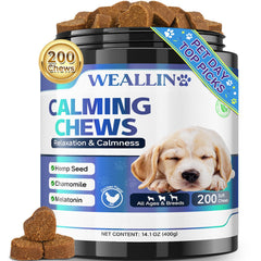 WEALLIN dog calming chews packaging front showing calming support for anxious moments