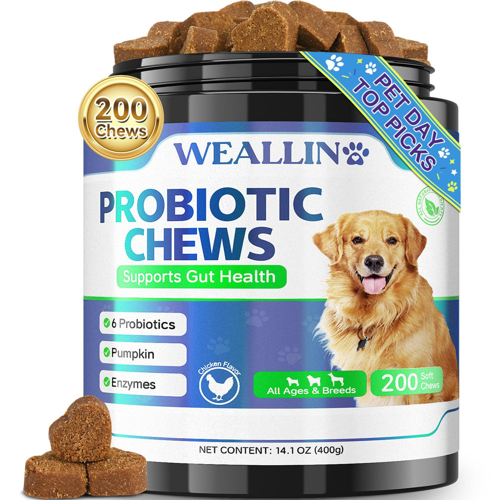 WEALLIN dog probiotic chews label highlights flavor and digestive support.