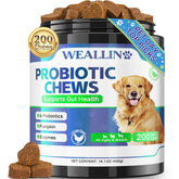WEALLIN dog probiotic chews label highlights flavor and digestive support.