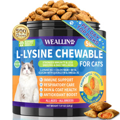 WEALLIN L-Lysine chews for cats with krill-core shell, designed for immune and respiratory support.