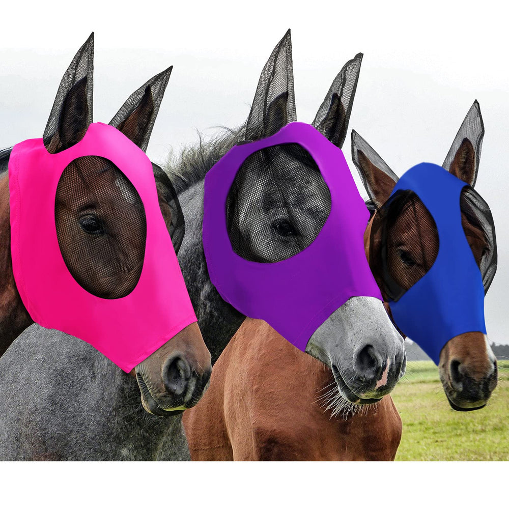 Weewooday horse fly mask full-face with ears in purple keeps flies away and preserves clear vision.