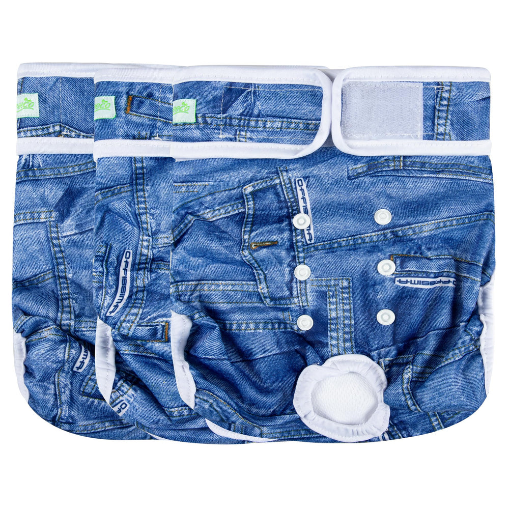 wegreeco washable female dog diaper with blue jeans print and secure closure.