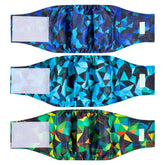 Wegreeco washable belly band with abstract geometrical blue pattern, fabric close-up and leak-free look