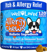 Well Loved Dog Allergy Chews bottle shows vet-developed relief for itchy skin.