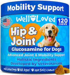 Well Loved glucosamine dog bottle label with vet-developed USA-made formula.