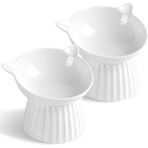 Wellbro ceramic raised cat bowl tilt top view promotes comfortable feeding
