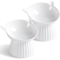 Wellbro ceramic raised cat bowl tilt top view promotes comfortable feeding