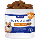 Wellix 260 Bites No Poo Chews pack shot showing coprophagia deterrence and probiotic benefits.