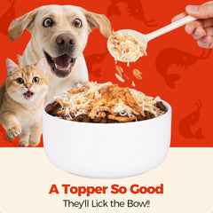 Wellix cat food topper sprinkled over kibble enhances flavor and hydration.