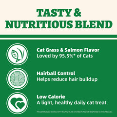 Wellix cat grass treats suggest hairball relief and digestive comfort.
