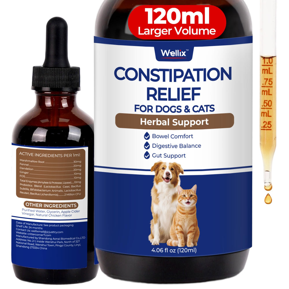 Wellix constipation-relief-liquid-bottle for easy pet dosing.