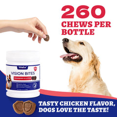Wellix dog eye supplement jar highlights cranberry and taurine for tear stain support.