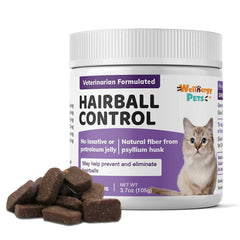 Wellnergy Pets hairball control cat bottle showing omega fatty acids for skin and coat support.