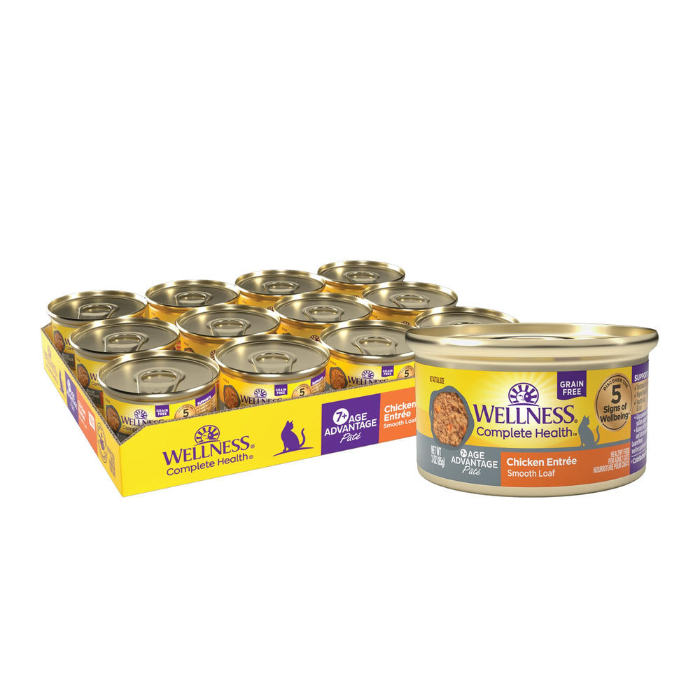 Wellness Age Advantage senior cat label highlights grain-free formula