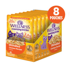 Wellness Appetizing Entrées shredded chicken texture close-up highlights tender, protein-rich bites.