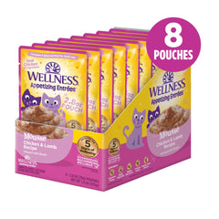Wellness Appetizing Mousse pouch back reveals protein-rich recipe for adult cats