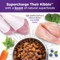 Dog enjoying meals with Wellness Bowl Boosters mixed into kibble