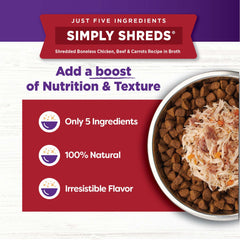 Wellness Bowl Boosters Simply Shreds poured over dry food for texture enhancement.