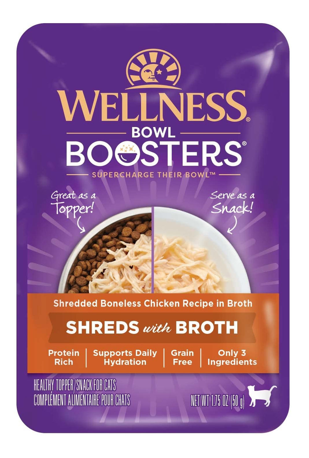 Wellness Bowl Boosters shredded-chicken-in-broth topper for cats boosts hydration