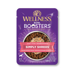 Wellness Bowl Boosters Simply Shreds pouch closeup, grain-free salmon and pumpkin topping.