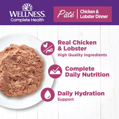 Close-up of Wellness chicken and lobster pate can, real meat first ingredient.