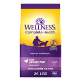 Wellness Complete Health Age Advantage senior dry dog food bag promotes easy daily feeding.